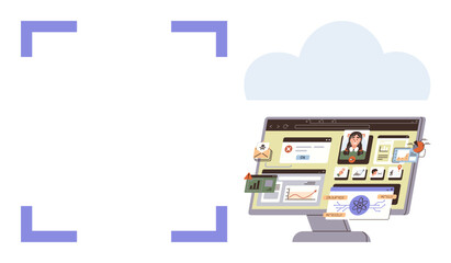 Wall Mural - Computer screen showcasing profiles, graphs, notifications, and document management with cloud in backdrop. Ideal for remote work, team collaboration, productivity, data management, digital tools