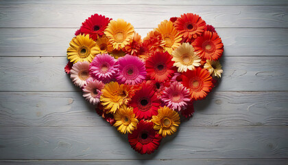 Wall Mural - Colorful gerbera flowers arranged in heart shape on wooden surface, creating vibrant and joyful floral display with soft daylight enhancing warm tones