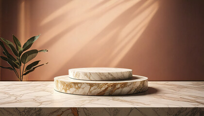 Wall Mural - Marble texture podium with warm soft light and elegant design on pastel background, featuring natural stone pattern and green plant for stylish product display