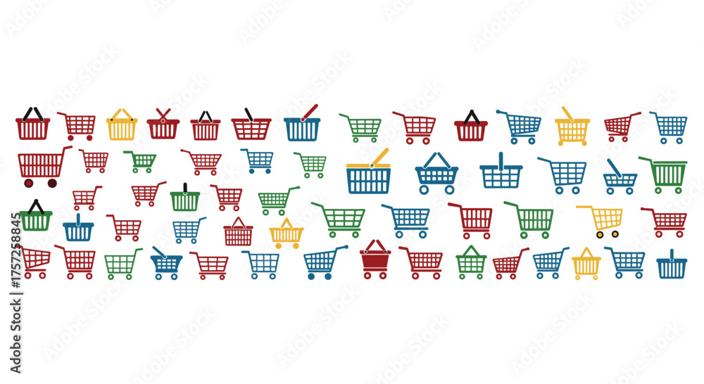 Colorful shopping carts and baskets pattern for retail promotions and ...