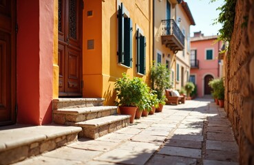  Colorful Mediterranean street with vibrant buildings and cobblestone pathway