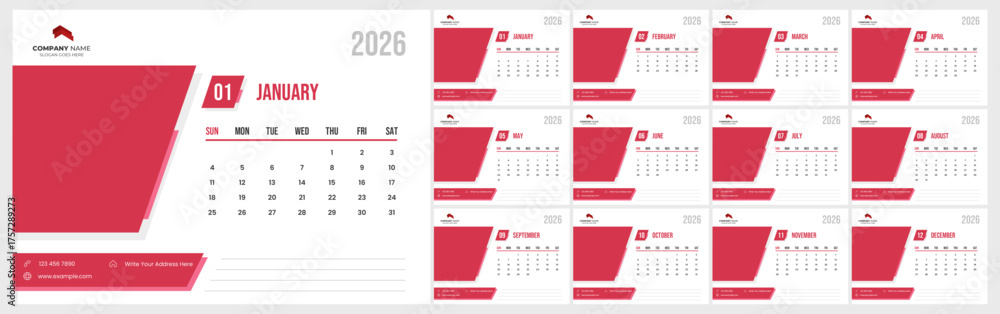 Modern desk calendar layout for 2026. 2026 monthly calendar template ...