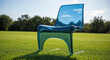 © Platon - Modern Transparent Blue Chair on Lush Green Summer LawnStriking blue transparent plastic or polycarbonate design chair (likely the famous Kartell La Marie or similar contemporary style) standing alon