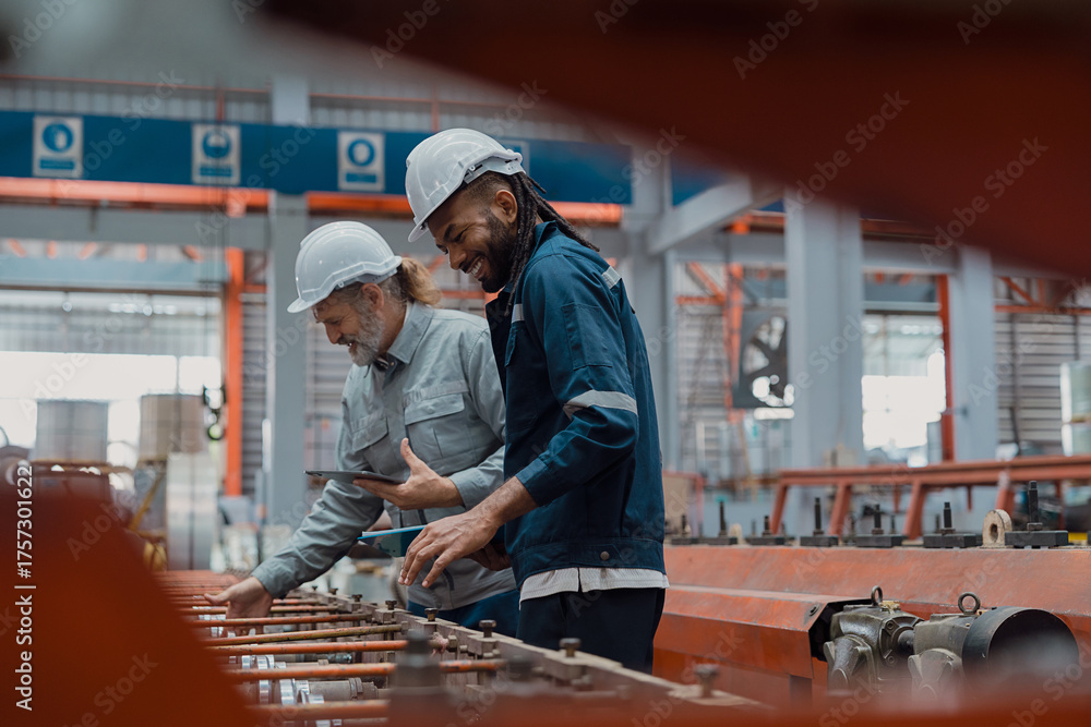 Engineers and staff are inspecting systems and components in a metal ...