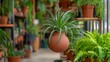 © EvgeniiasArt - Lush green fern in hanging coconut fiber planter, suspended indoors with warm bokeh lights and blurred greenery background.