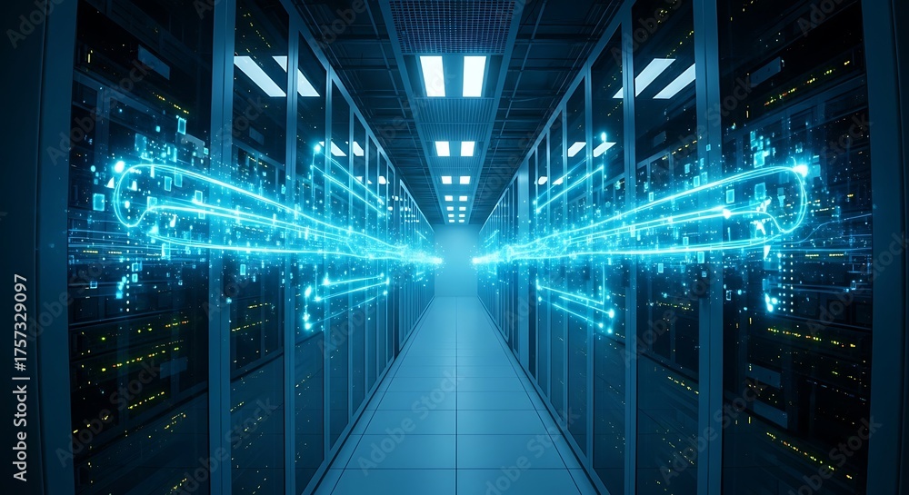 Data center server room with glowing fiber optic cables, showcasing the ...
