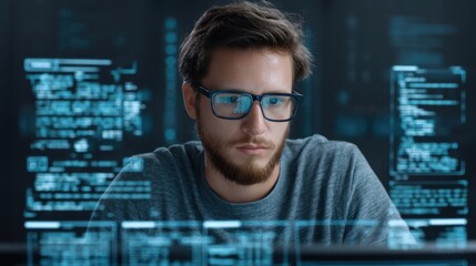 Young man focused on computer screen with digital data and code elements in a high-tech workspace environment, reflecting modern technology and innovation