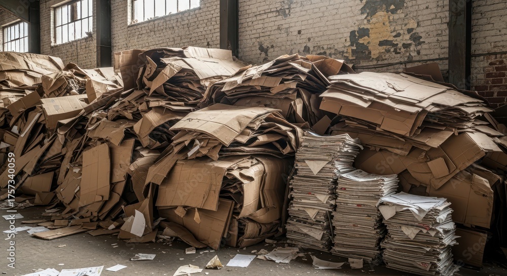 Piles of discarded cardboard boxes and paper waste collected inside a ...