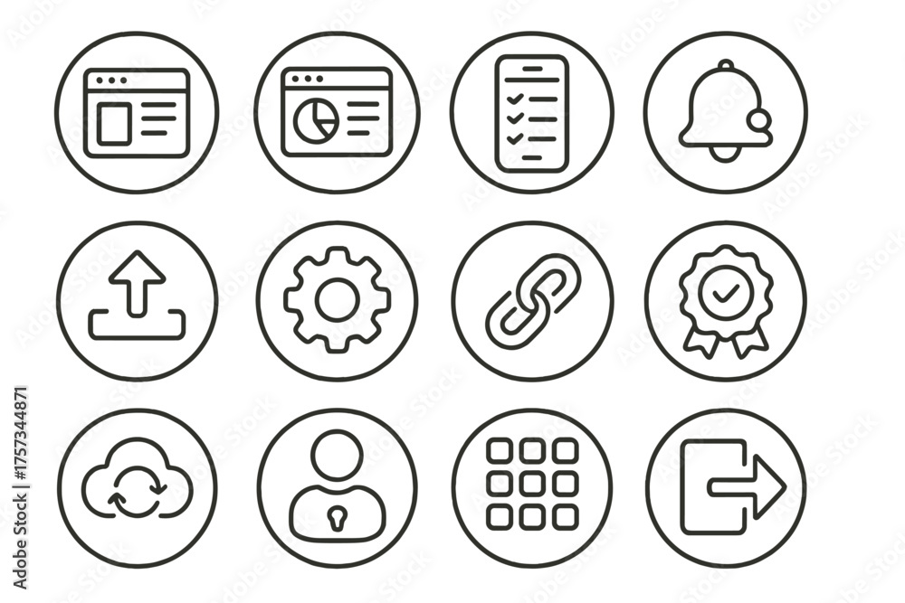 Digital Tool Icons. Line style round icons of tools and platforms: PM ...