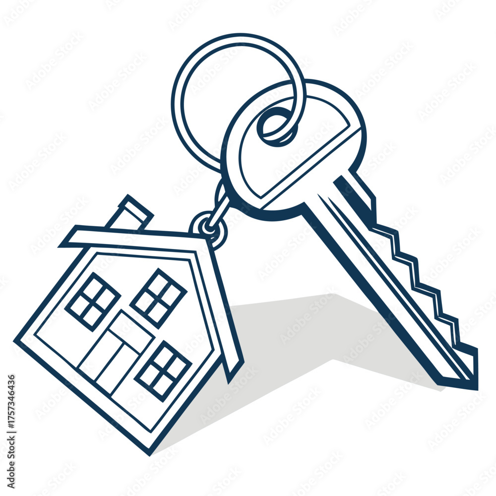 Illustration of a house shaped keychain attached to a key with a ring ...