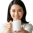© Tezar - Smiling Asian woman holding a white mug towards the camera.