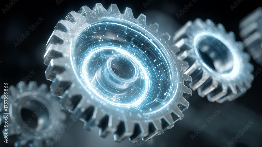 Interconnected glowing metal gears showcasing advanced mechanical ...