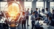 © Veayo - A group of people working in a modern office with a glowing light bulb in the foreground.