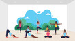 © Amie - Adobe illustrator artwork vector illustration of a diverse group of people practicing various yoga poses in a spacious, light-filled studio, symbolizing health, mindfulness, and community fitness