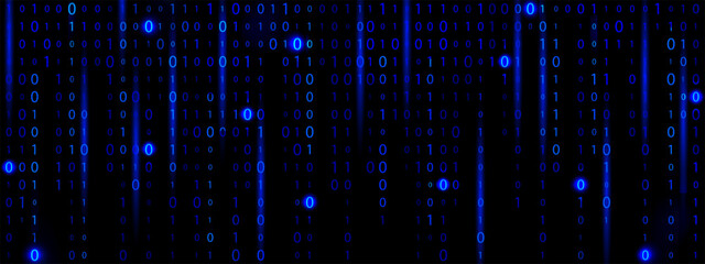 Futuristic technology background with glowing blue binary code falling in a digital matrix style. Abstract banner is perfect for themes of data, hacking, and cyberspace