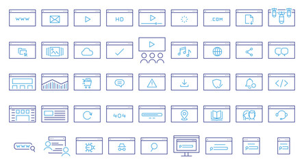 Web browser and internet pages icon set. Thin line editable stroke icons for website, online content, user interface, communication, design, seo, development, and digital technology.