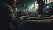 © Biancaart - Focused Mechanic Working on Car Tire in Gritty, Atmospheric Industrial Workshop