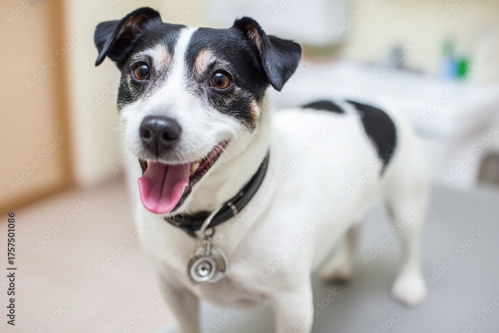 A cheerful black and white dog stands on a table at a veterinary clinic. Its tongue is out, and it looks content, ready for a routine check-up. The room is well-lit and equipped.