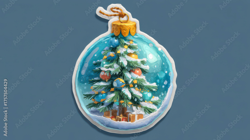 A Christmas ornament of a tree with a blue glass ball. The ornament is decorated with snow and has a gold trim