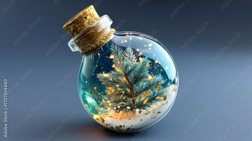 A glass bottle with a tree inside of it. The bottle is blue and the tree is green