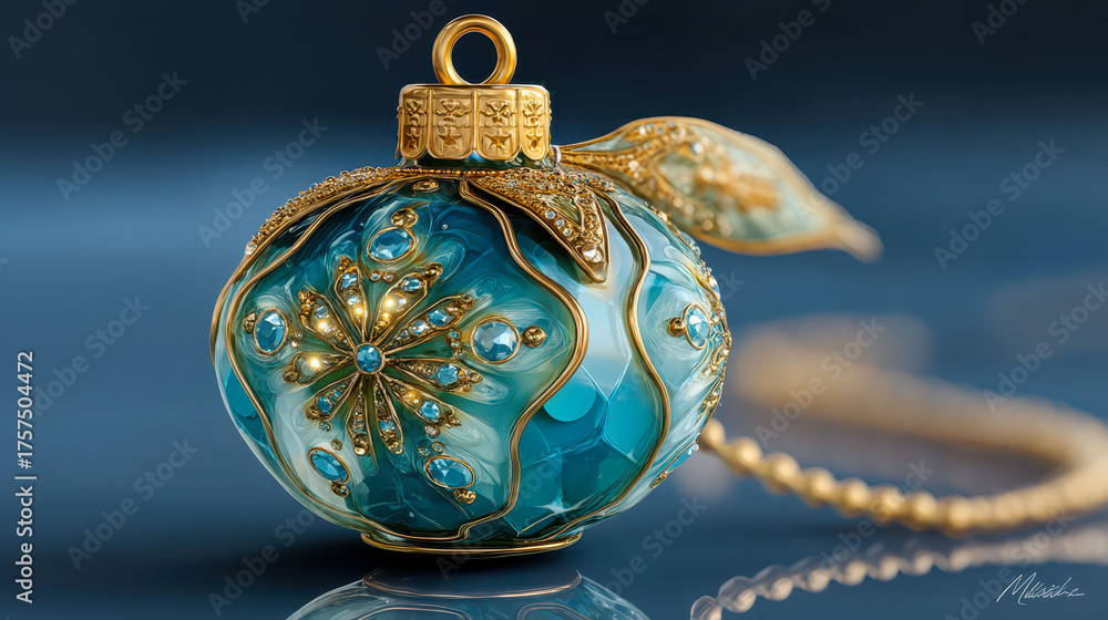 A blue and gold ornament with a gold leaf on top. The ornament is sitting on a blue surface