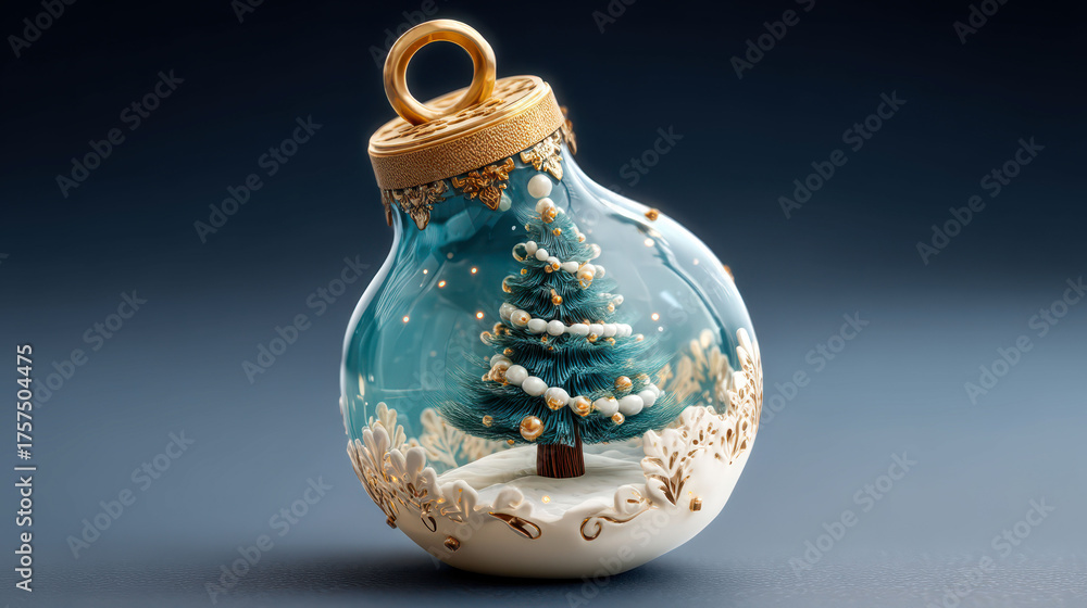 A Christmas ornament with a tree inside a glass ornament. The ornament is blue and white and has a gold trim