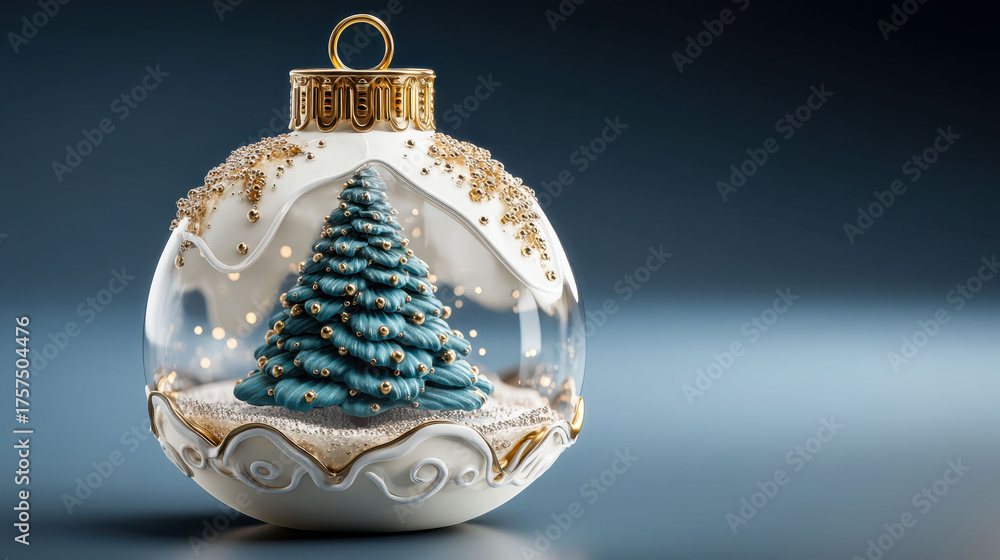 A Christmas ornament with a blue tree inside a clear glass ball. The ornament is sitting on a blue background