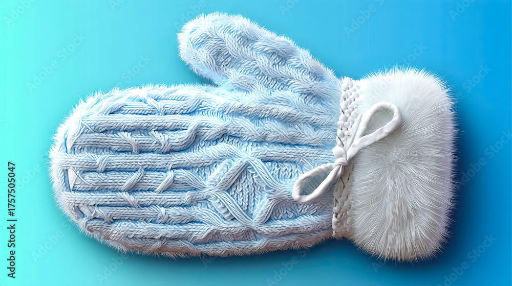 A blue and white glove with a white cord hanging from it. The glove is fuzzy and looks like it's made of cotton