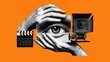 © Fatima Design - Retro Collage Art With Hand, Eye, Vintage Camera And Clapperboard On Orange Background, Conceptual Photography And Film Design For Wallpaper, Poster, Art Exhibition Concept