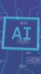 Wall Mural - Animation of ai text, square in brain with notification bars over abstract background