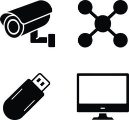 Icon set of modern security system cctv camera, network hub, usb drive and computer monitor for surveillance and data storage solutions. Ideal for cybersecurity, surveillance systems, IT infra