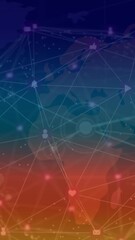 Wall Mural - Animations of network of connections and world map on blue and orange background