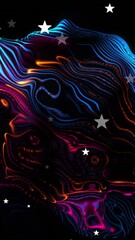 Wall Mural - Animation of star icons falling over colorful digital waves against black background