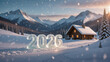 © Arda ALTAY - A glowing ice sculpture of the number 2026 stands in a snowy mountain landscape beside a cozy wooden cabin with smoke rising from its chimney.