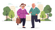 © Nadia - Elderly couple enjoying a brisk walk in the city park surrounded by trees and buildings.
