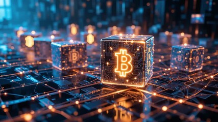 Digital blockchain cubes linking across cyberspace, cinematic glow