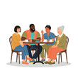 © Shane - Four diverse individuals seated around a table, engaged in conversation, enjoying beverages.