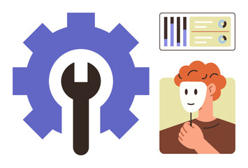 Wall Mural - Wrench in gear symbolizing tools, a character holding a face mask, and analytical data charts. Ideal for identity, self-concept, personalization, anonymity, problem-solving, technology