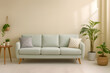 © Meraj - Minimalist living room with light beige wall, soft pastel sofa, indoor plants, natural sunlight, and modern Scandinavian interior design creating a calm and open home atmosphere.