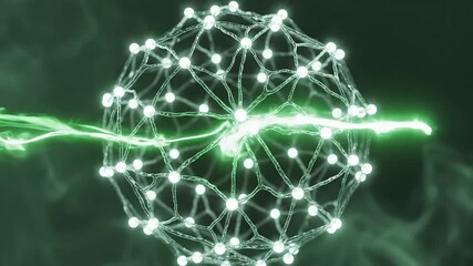 Abstract network of glowing nodes connected by lines with a vibrant green energy pulse.