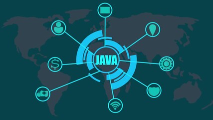 Wall Mural - Java programming language concept with global network connections and world map background coding software