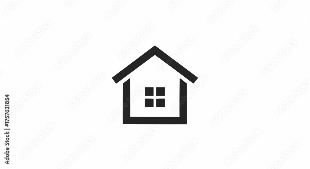 Simple black and white house icon with a square window and a triangular ...