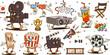 © Buch&Bee - Cartoon groovy cinema characters and retro hippie movie theater vector personages. Happy groovy cinema ticket, 3d glasses, movie camera and clapperboard, film reel, projector and popcorn characters