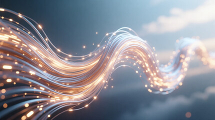Abstract digital wave of energy flow with fiber optic threads and glowing particles on sky background