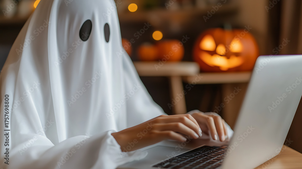 Halloween spirit meets modern work! A person dressed as a classic ghost ...