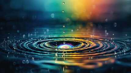 Light wave diffraction patterns in water splash creating vibrant circular interference rings with rainbow spectral colors and laser-like optical effects