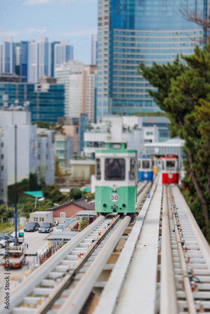 Haeundae Blue Line Park, Busan, ride on multicoloured sky capsule train ...
