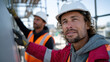 © Milos - A group of construction workers pay close attention as they install wall panels, illustrating the importance of teamwork and precision in a bustling construction site.