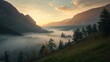 © Hassan - Misty valley landscape at sunrise with mountains and evergreen trees in a scenic view of nature