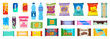 © Lucky Luck - Vending products. Beverages and snack plastic package, fast food snack packs, biscuit sandwich. Drinks water juice flat vector cracker chips and snacking junk bar icons